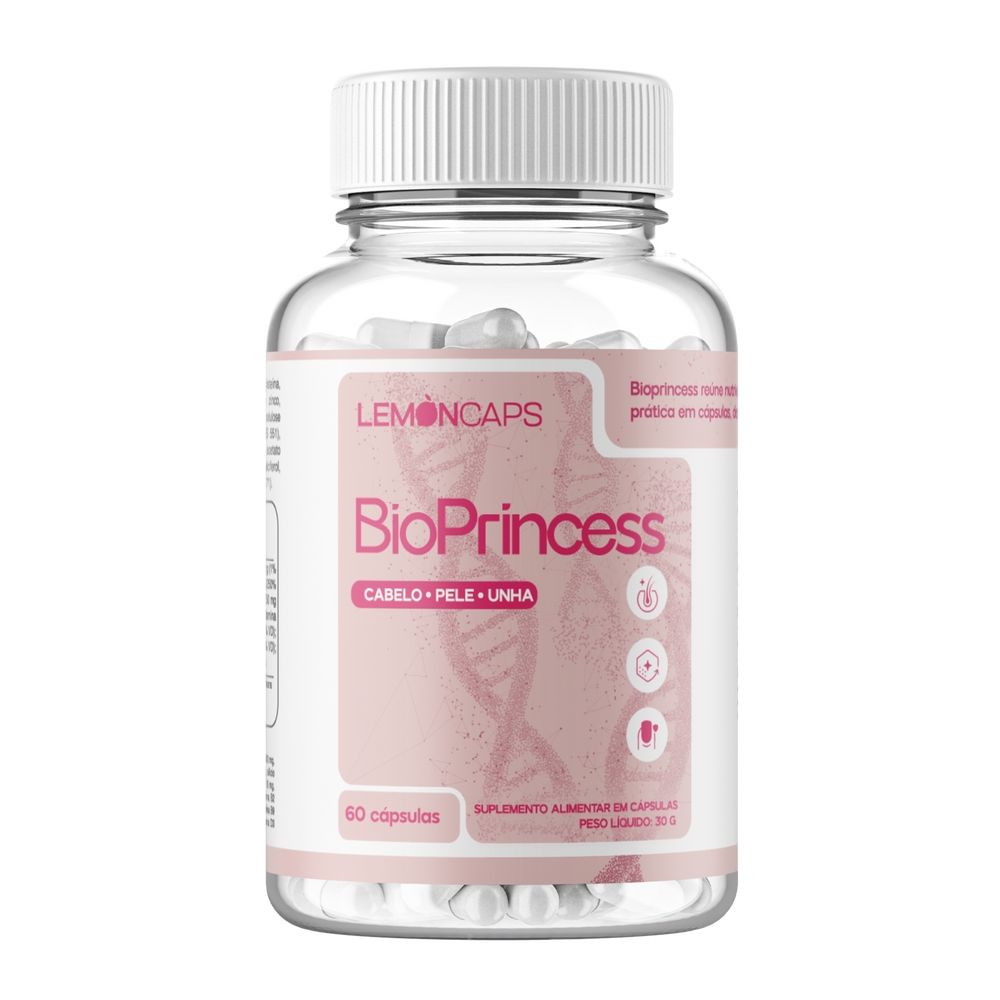 Pote de BioPrincess Lemon Caps, 60 cápsulas com colágeno, biotina e ácido hialurônico