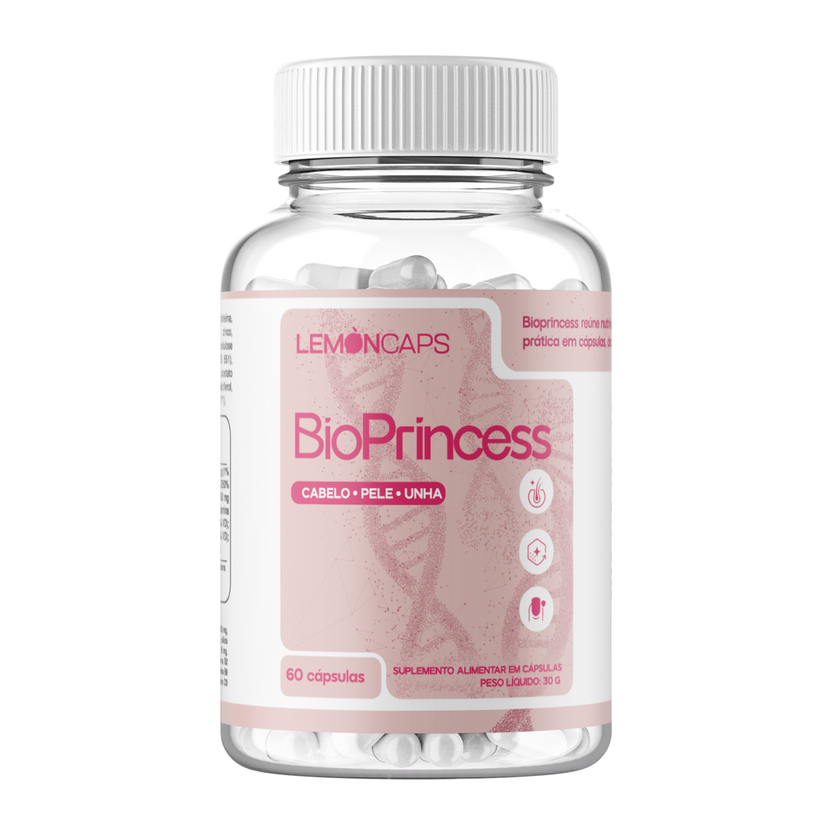 Pote de BioPrincess Lemon Caps, 60 cápsulas com colágeno, biotina e ácido hialurônico