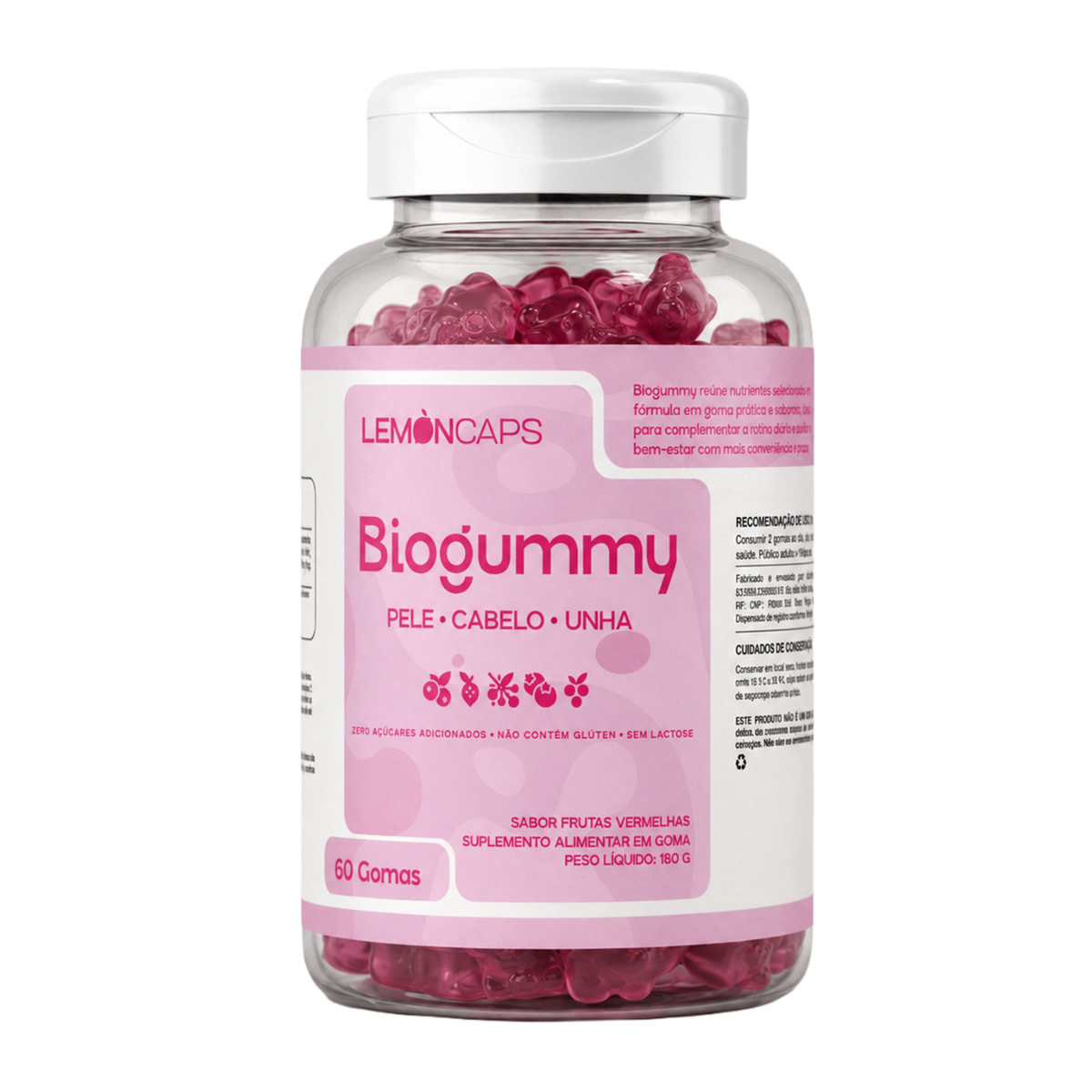 Pote de BioGummy Lemon Caps, 60 gomas sabor frutas vermelhas com biotina e zinco
