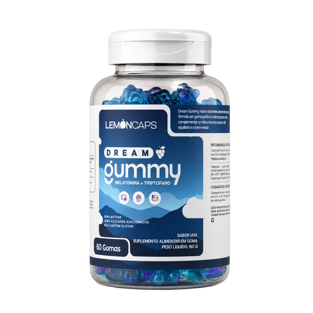 Pote de Dream Gummy Lemon Caps, 60 gomas sabor uva com melatonina e triptofano