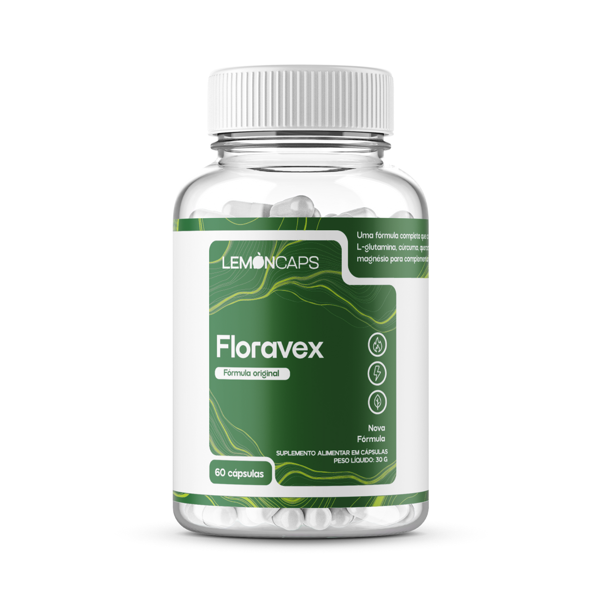 Pote de Floravex Lemon Caps, 60 cápsulas com psyllium e prebióticos