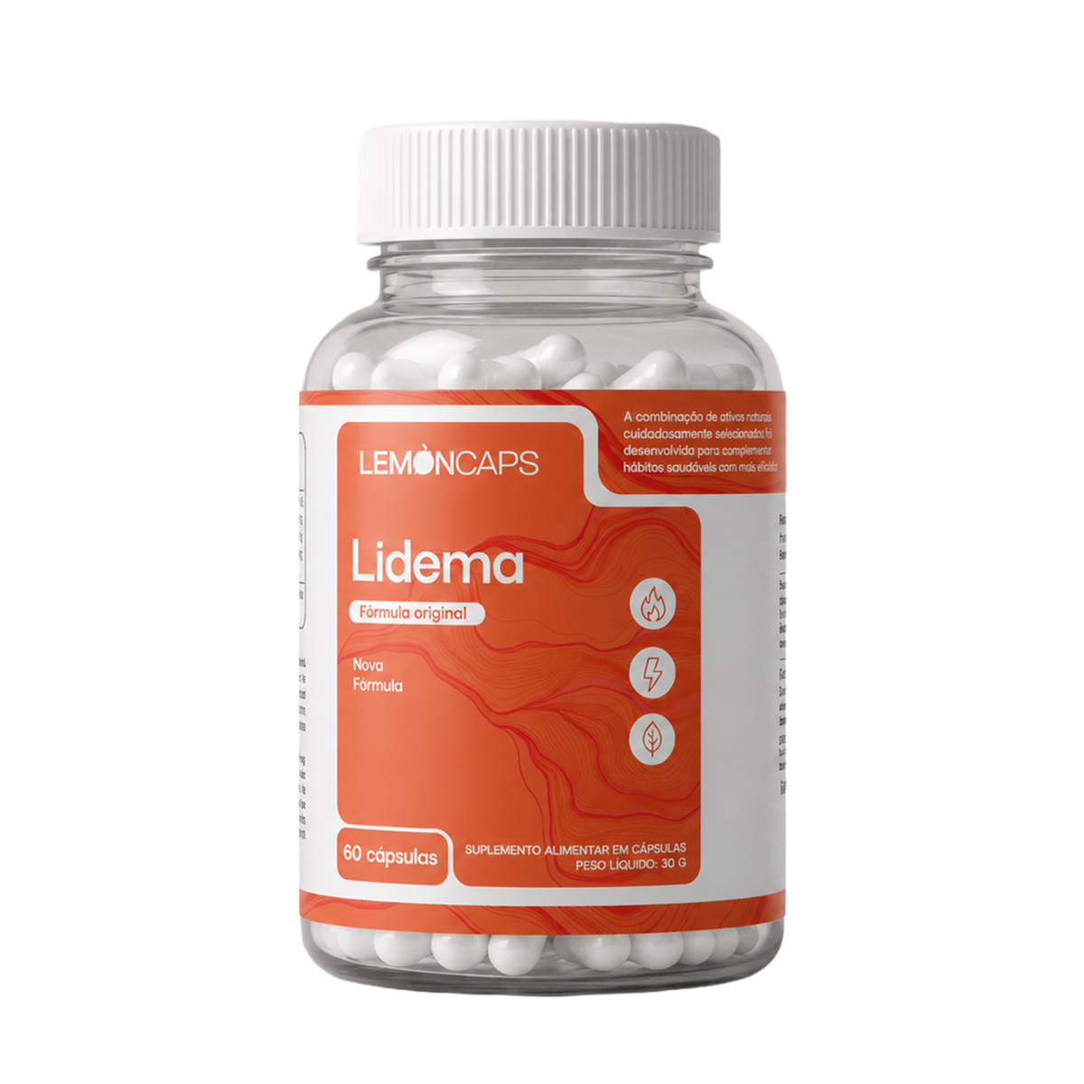 Pote de Lidema Lemon Caps, 60 cápsulas com vitamina C, L-carnitina e cúrcuma