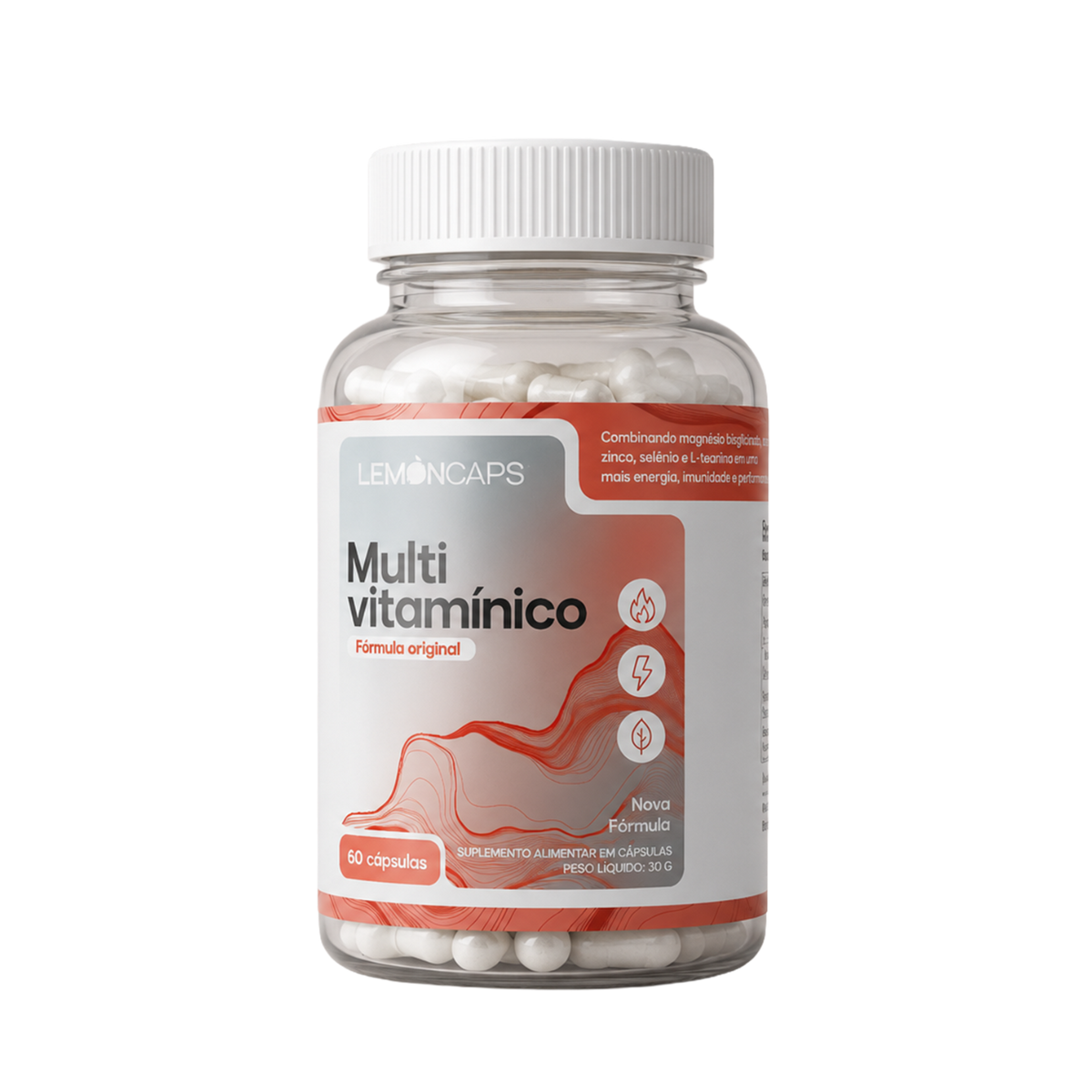 Pote de Multivitamínico Lemon Caps, 60 cápsulas com 12 vitaminas e 5 minerais