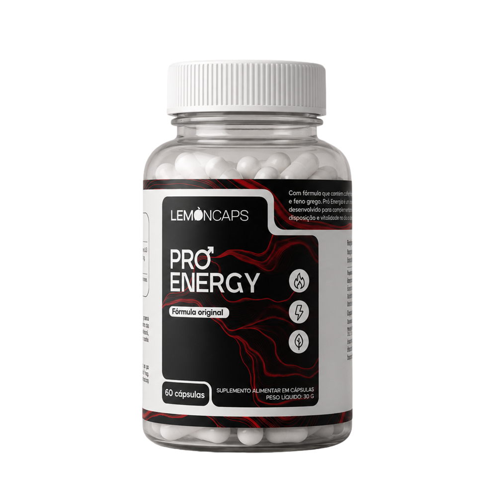 Pote de Pró Energy Lemon Caps, 60 cápsulas com cafeína, taurina e guaraná