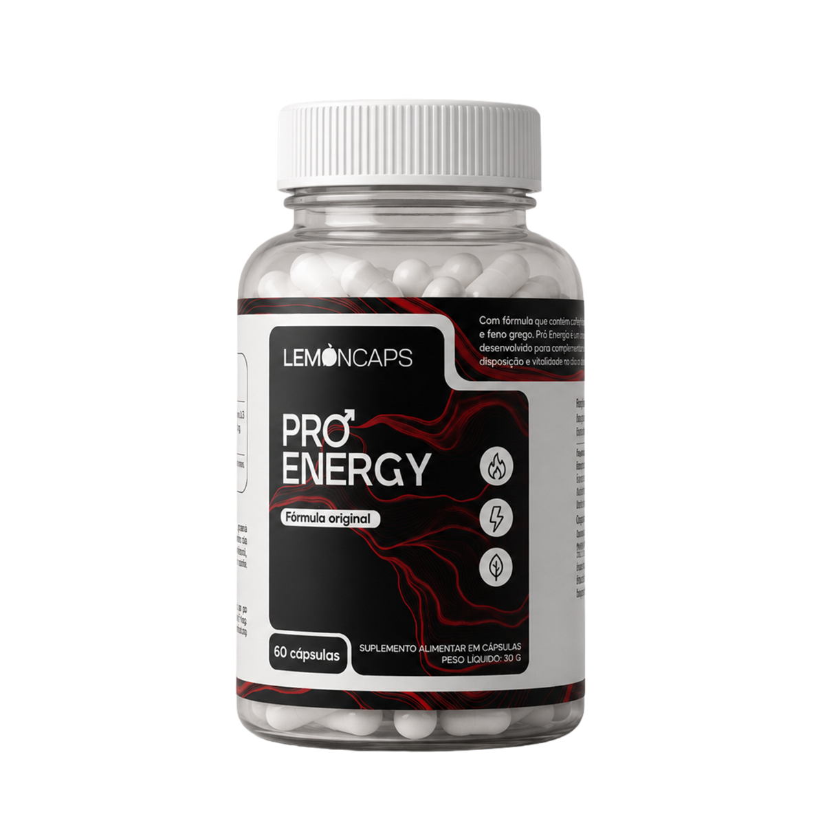 Pote de Pró Energy Lemon Caps, 60 cápsulas com cafeína, taurina e guaraná