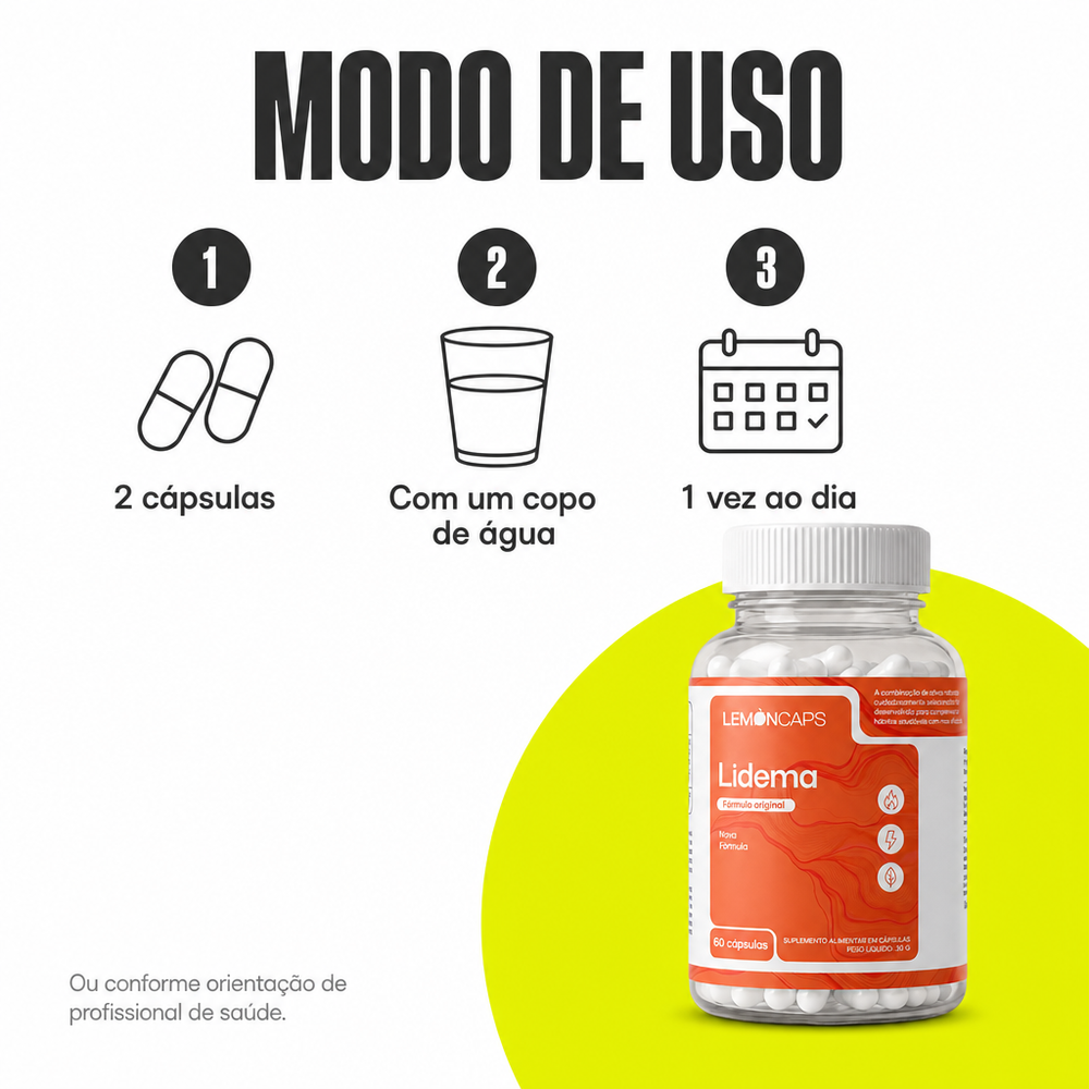 Lidema Lemon Caps - modo de uso: 2 cápsulas com água, 1 vez ao dia