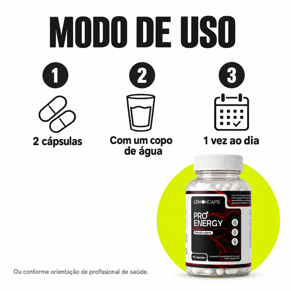 Pró Energy Lemon Caps - modo de uso: 2 cápsulas com água, 1 vez ao dia