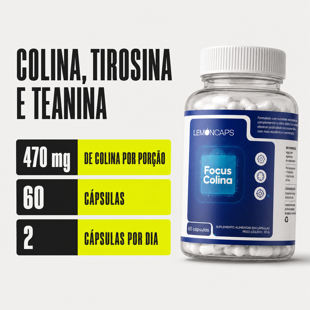 Focus Colina Lemon Caps - 470 mg de colina por porção, 60 cápsulas, 2 cápsulas por dia
