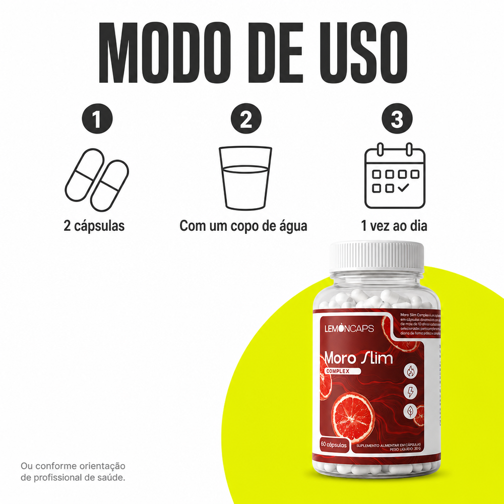 Moro Slim Complex Lemon Caps - modo de uso: 2 cápsulas com água, 1 vez ao dia