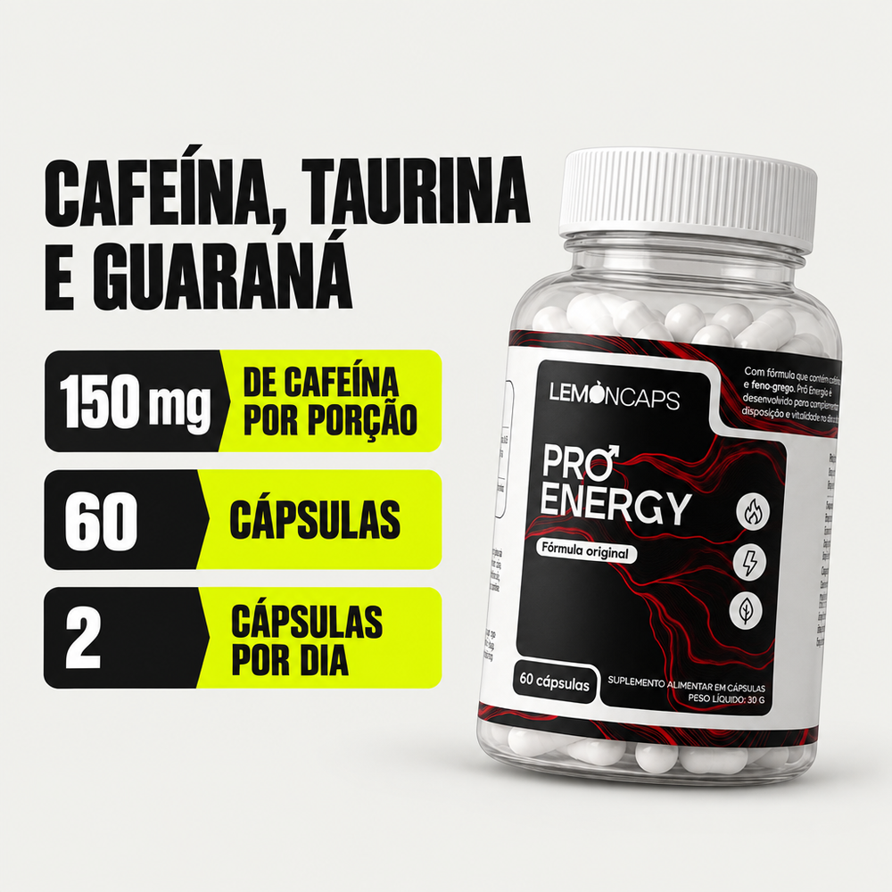 Pró Energy Lemon Caps - 150 mg de cafeína por porção, 60 cápsulas, 2 cápsulas por dia