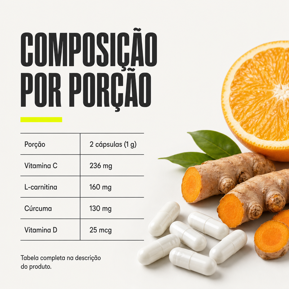 Lidema Lemon Caps - composição por porção: vitamina C, L-carnitina, cúrcuma e vitamina D
