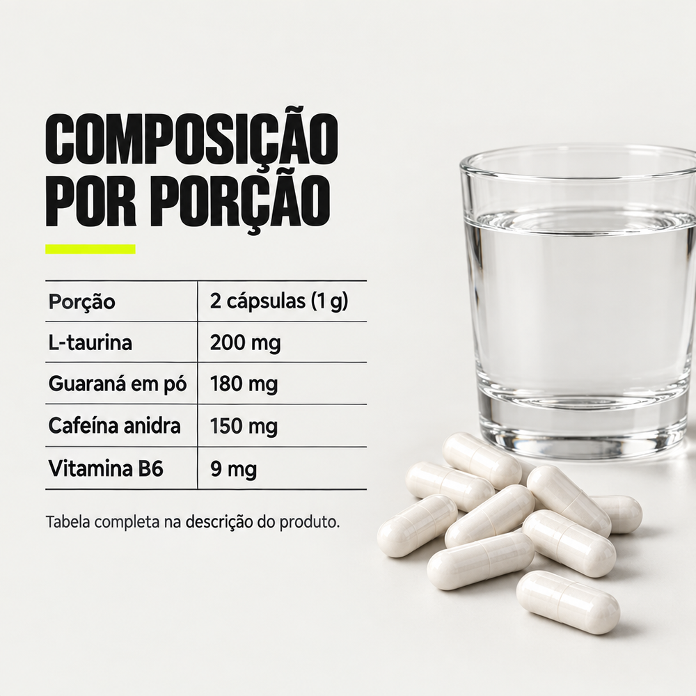 Pró Energy Lemon Caps - composição por porção: taurina, guaraná, cafeína e vitamina B6