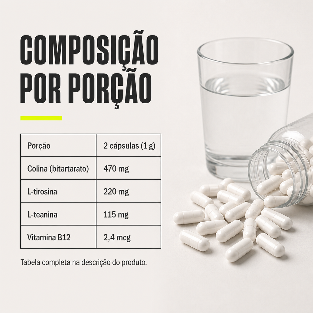 Focus Colina Lemon Caps - composição por porção: colina, L-tirosina, L-teanina e vitamina B12