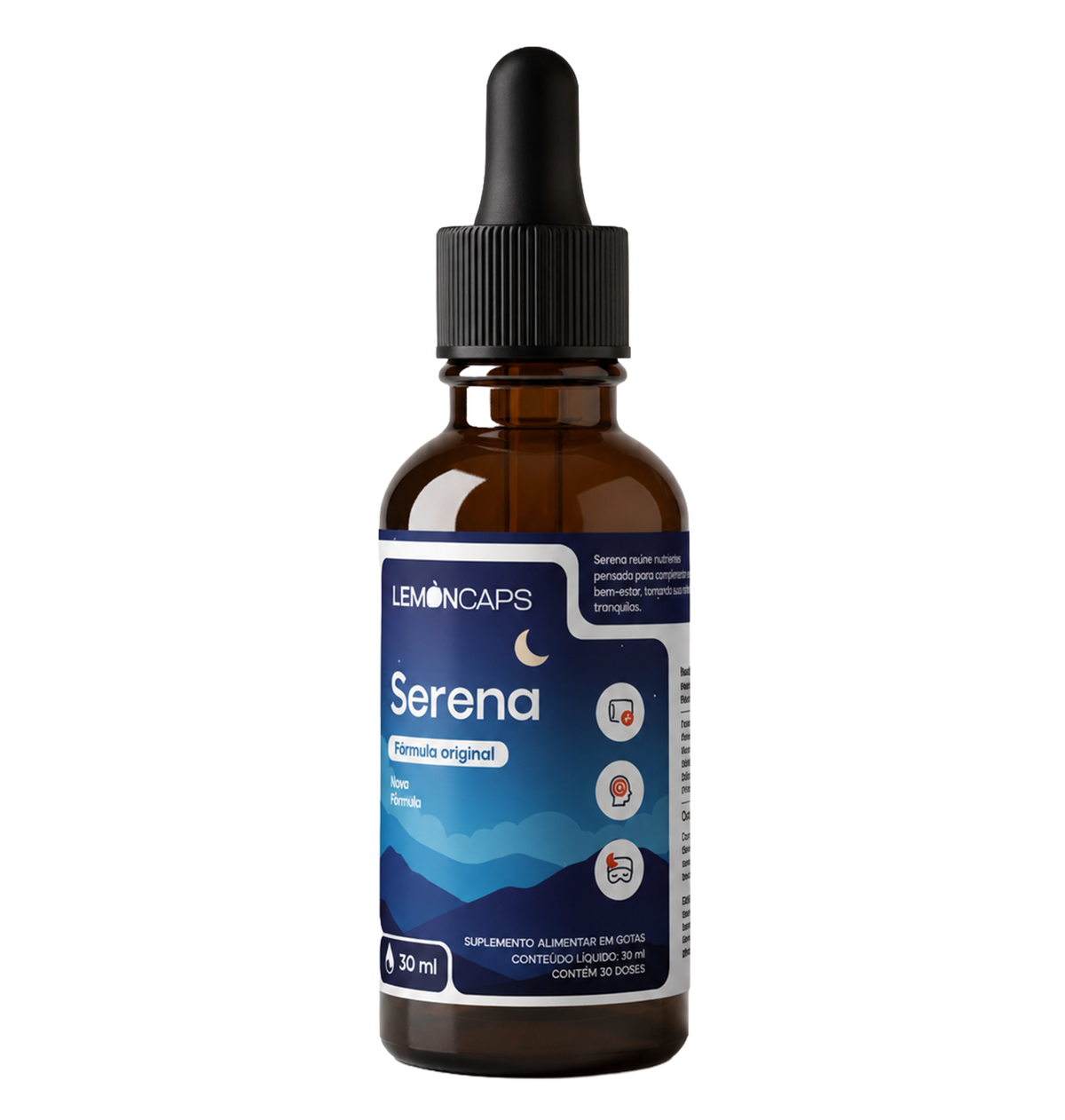 Frasco de Serena Lemon Caps, gotas de 30 ml com melatonina e L-teanina